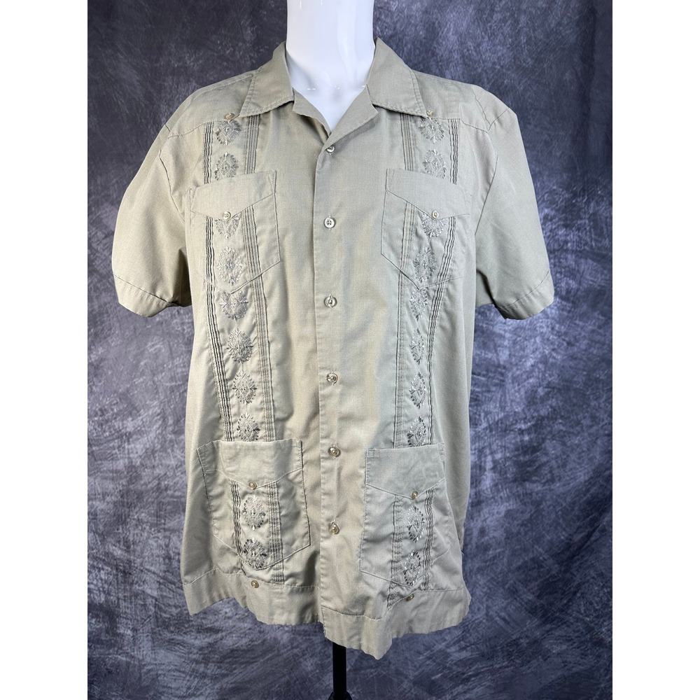Havanera Co Guayabera Shirt Mens Large Tan Short Sleeve Embroidered Pintuck